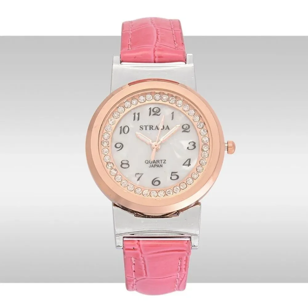 STRADA Watch Austrian Crystal Faux Band Pink